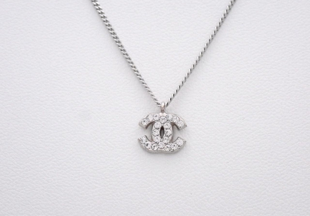 Chanel silver CC pendant necklace with clear crystals
