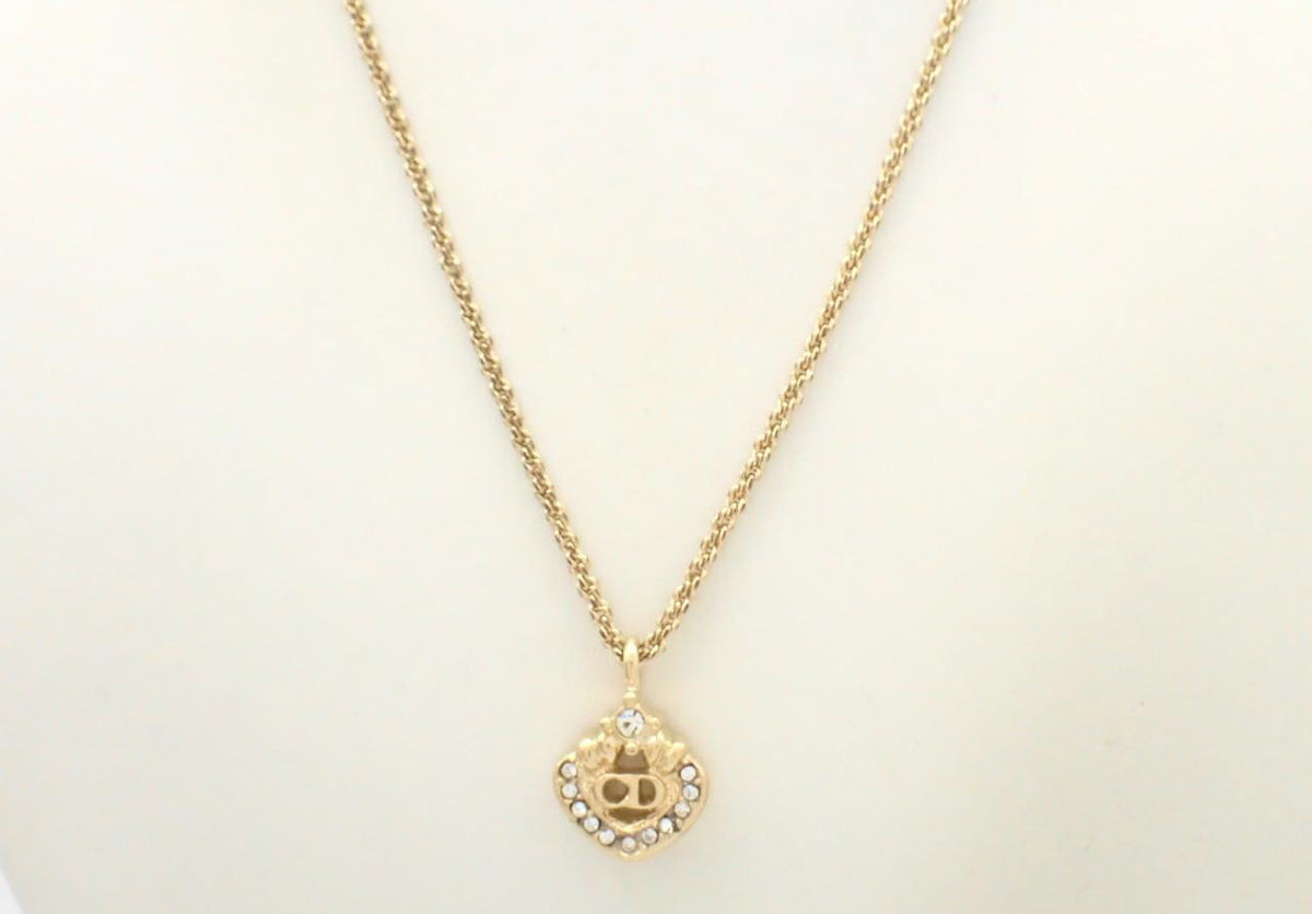Dior gold necklace with rhinestone heart and CD monogram pendant