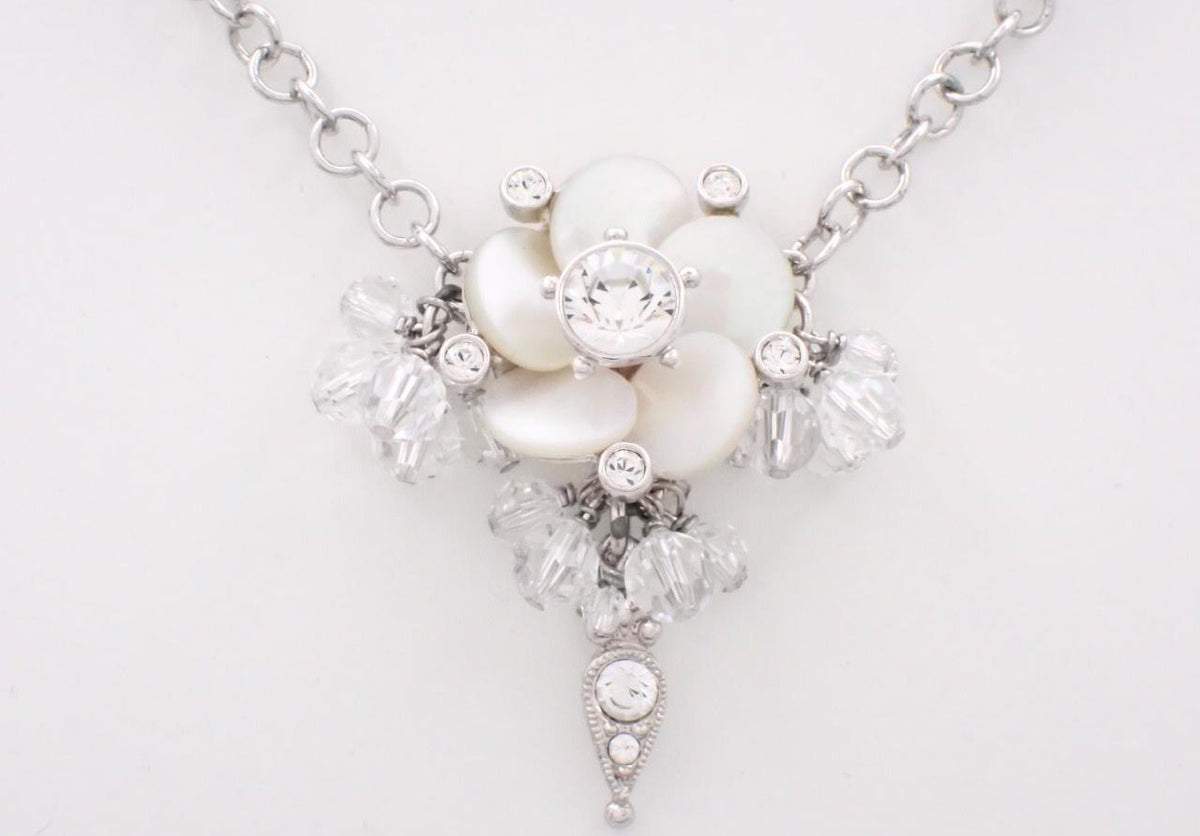 Dior silver-tone chain necklace with pearlescent flower pendant and crystal bead clusters
