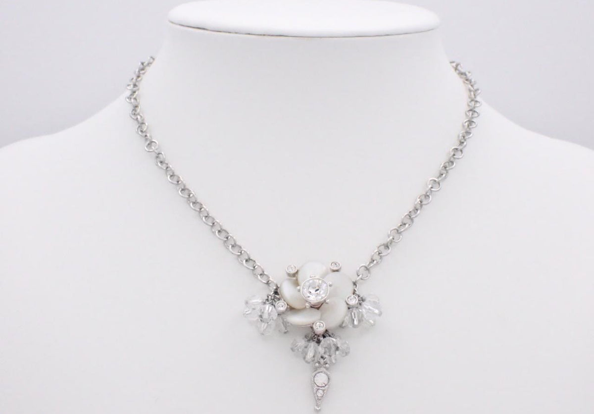 Dior silver-tone chain necklace with pearlescent flower pendant and crystal bead clusters