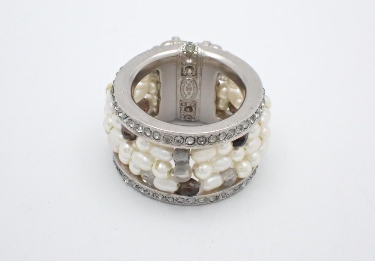 Chanel silver-tone wide band ring with crystal CC logo and white faux pearls