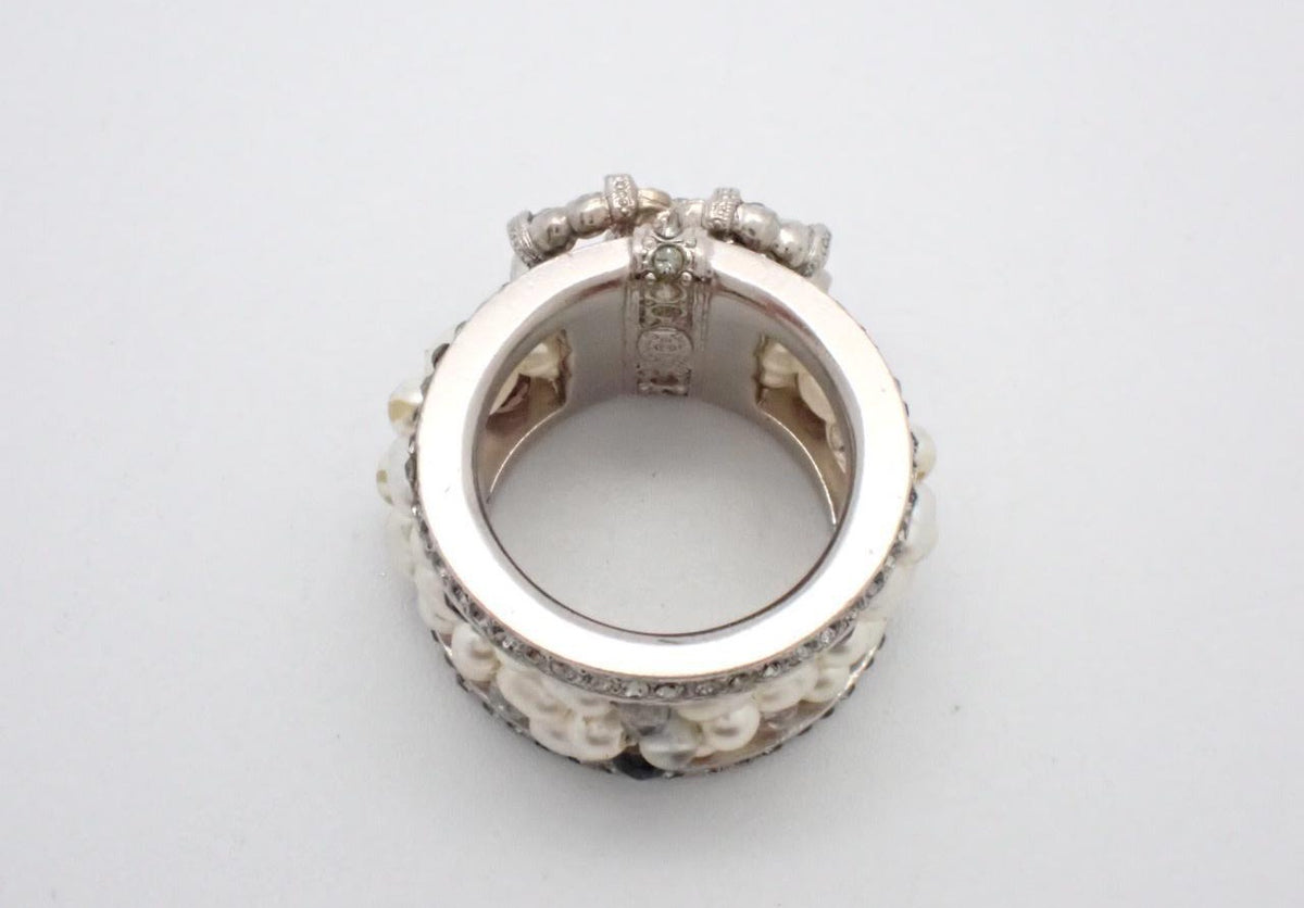 Chanel silver-tone wide band ring with crystal CC logo and white faux pearls