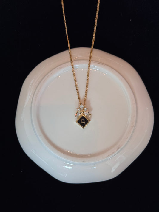 Dior Vintage Gold and Black Enamel Pendant Necklace