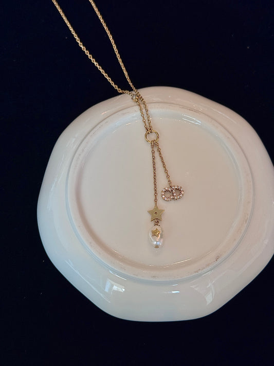 Dior 2010s Asymmetrical Star & Pearl CD Drop Necklace