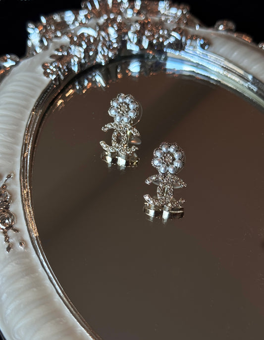 Chanel 2023 Pearl Camellia & Crystal CC Logo Earrings