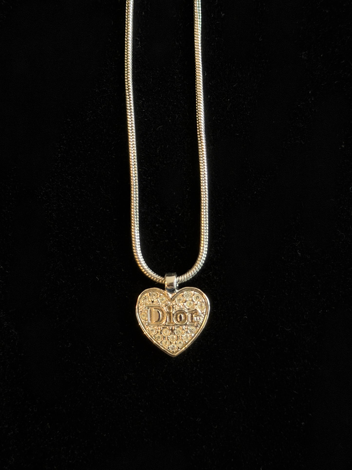 Vintage Dior Crystal Pavé Heart Logo Necklace
