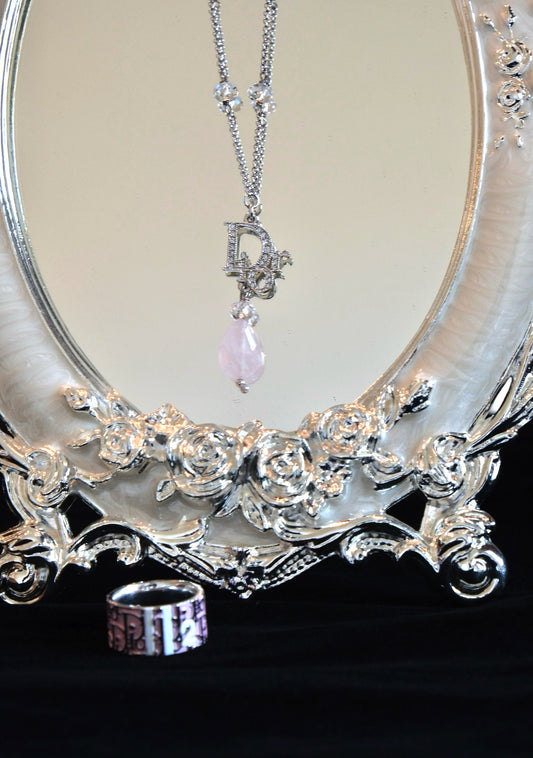 Dior Vintage Logo Pendant Necklace Embellished with Crystal and Teardrop Charm