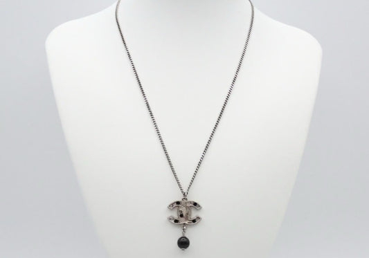 Chanel Vintage “Noir CC Pearl Drop” Silver-Tone Pendant Necklace