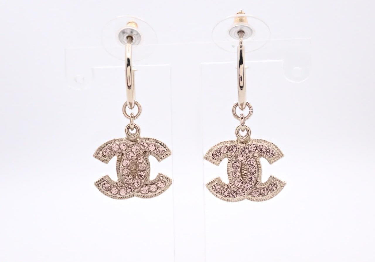 Chanel Vintage “Crystal CC Drop” Gold-Tone Dangle Earrings