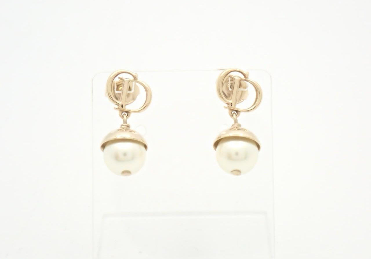 Christian Dior Vintage “CD Pearl Drop” Gold-Tone Dangle Earrings