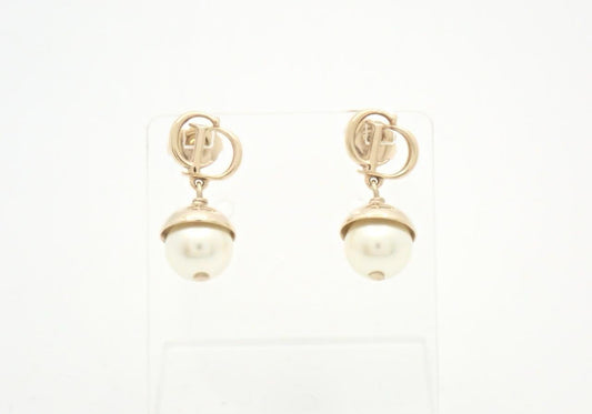 Christian Dior Vintage “CD Pearl Drop” Gold-Tone Dangle Earrings