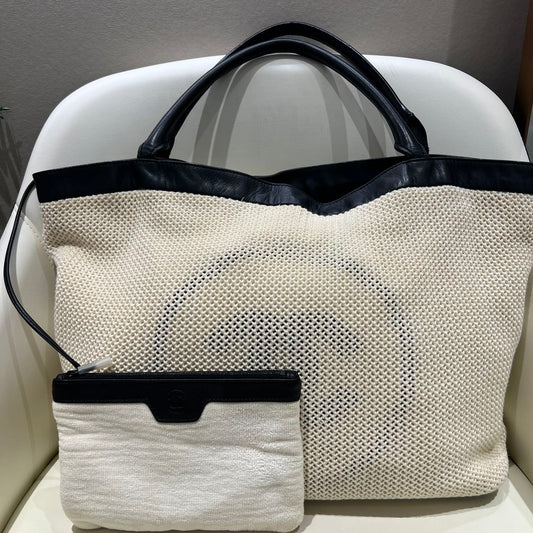 CHANEL Ivory Mesh & Leather Market Tote with Pouch