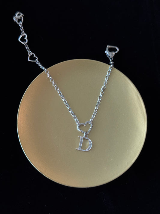 Dior Vintage ‘D’ Initial Necklace – Silver-Tone with Heart Chain Detail