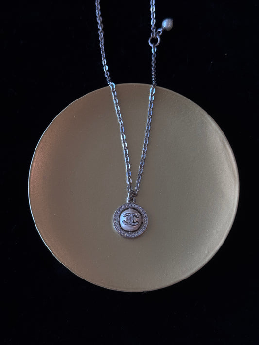 CHANEL 2019 Round Crystal Medallion Necklace – Silver-Tone with Pearl Enamel CC