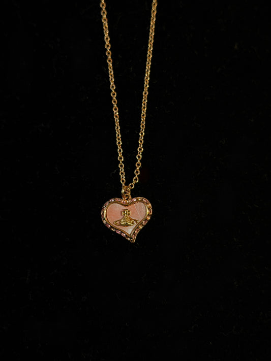 Vivienne Westwood "Rosy Orbit" Pink Enamel Heart Pendant Necklace