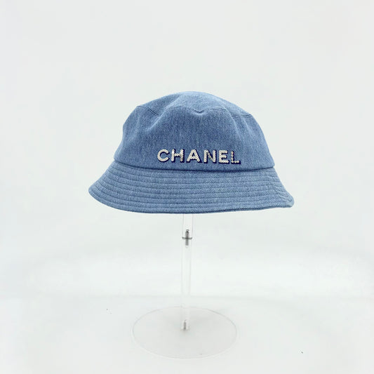 Chanel 2022 Light Blue Denim Bucket Hat with Crystal Logo