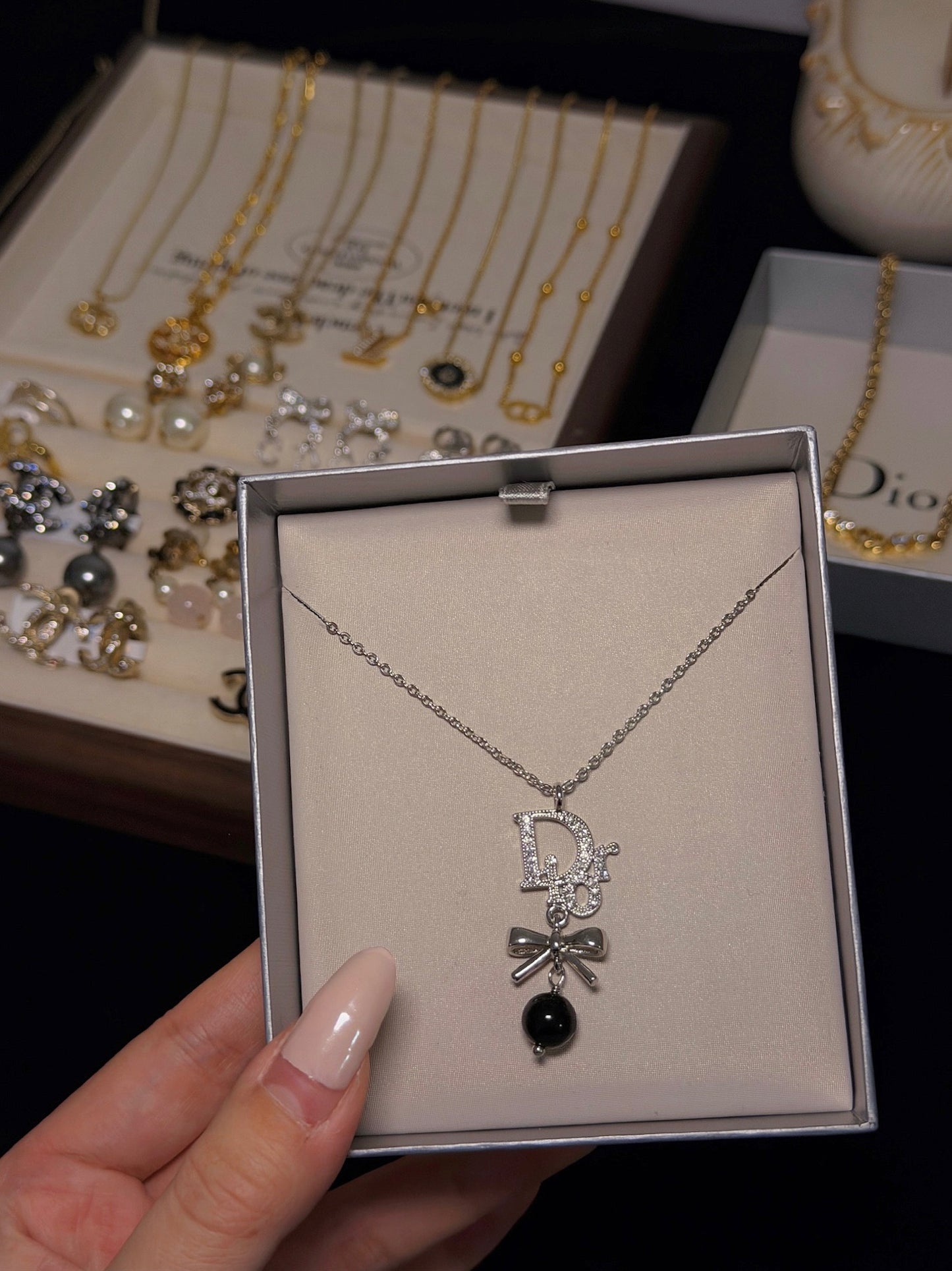 Dior 2000s "Ribbon Noir" Crystal Logo Bow & Bead Drop Necklace