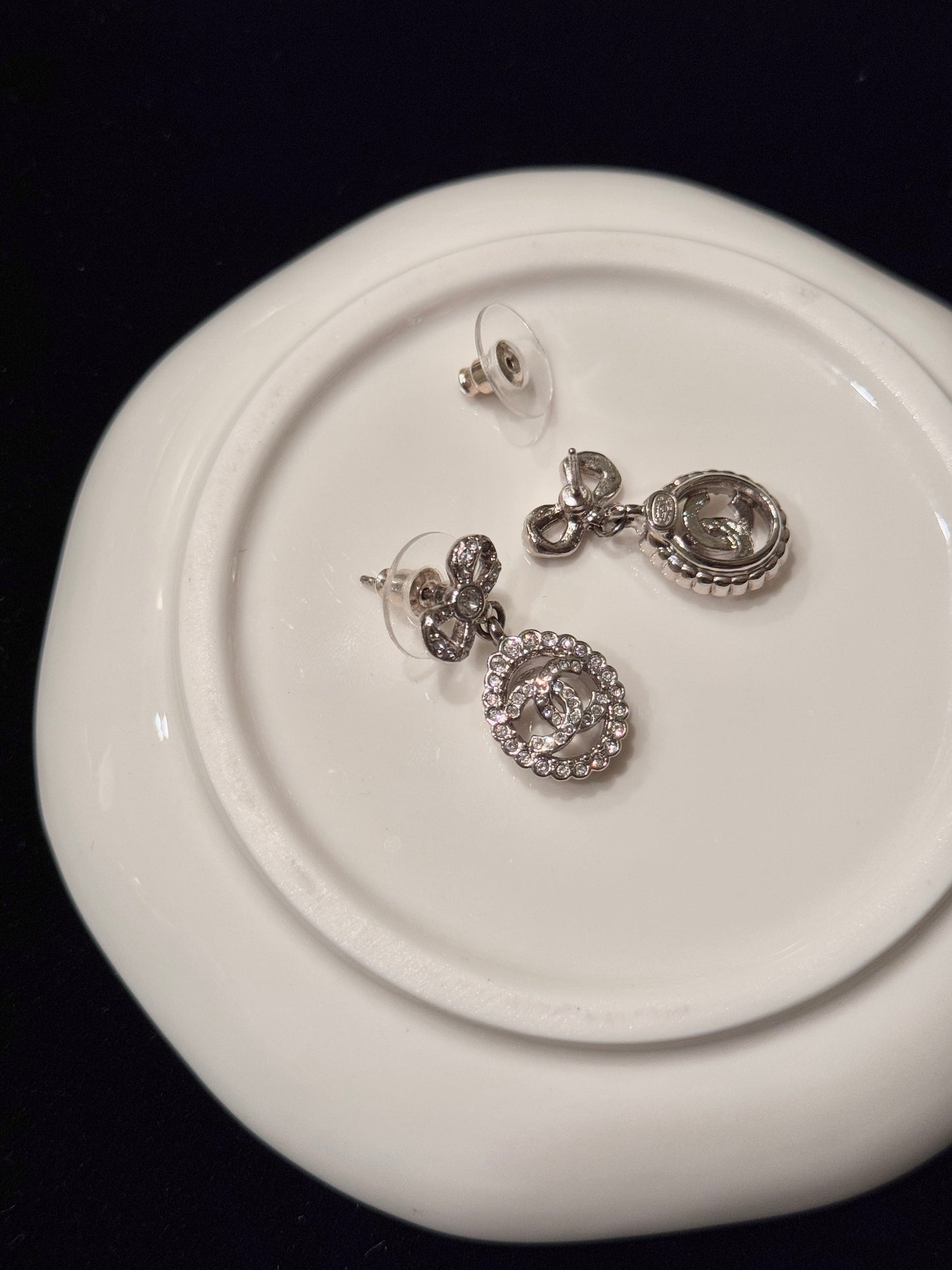 Chanel 2022 Crystal Bow & CC Drop Earrings