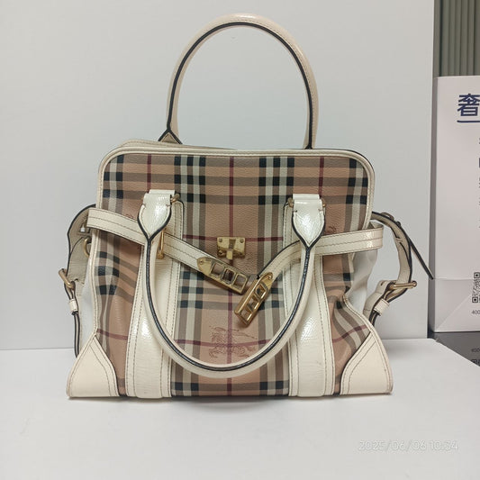 Burberry Vintage Haymarket Check Satchel with White Leather Trim