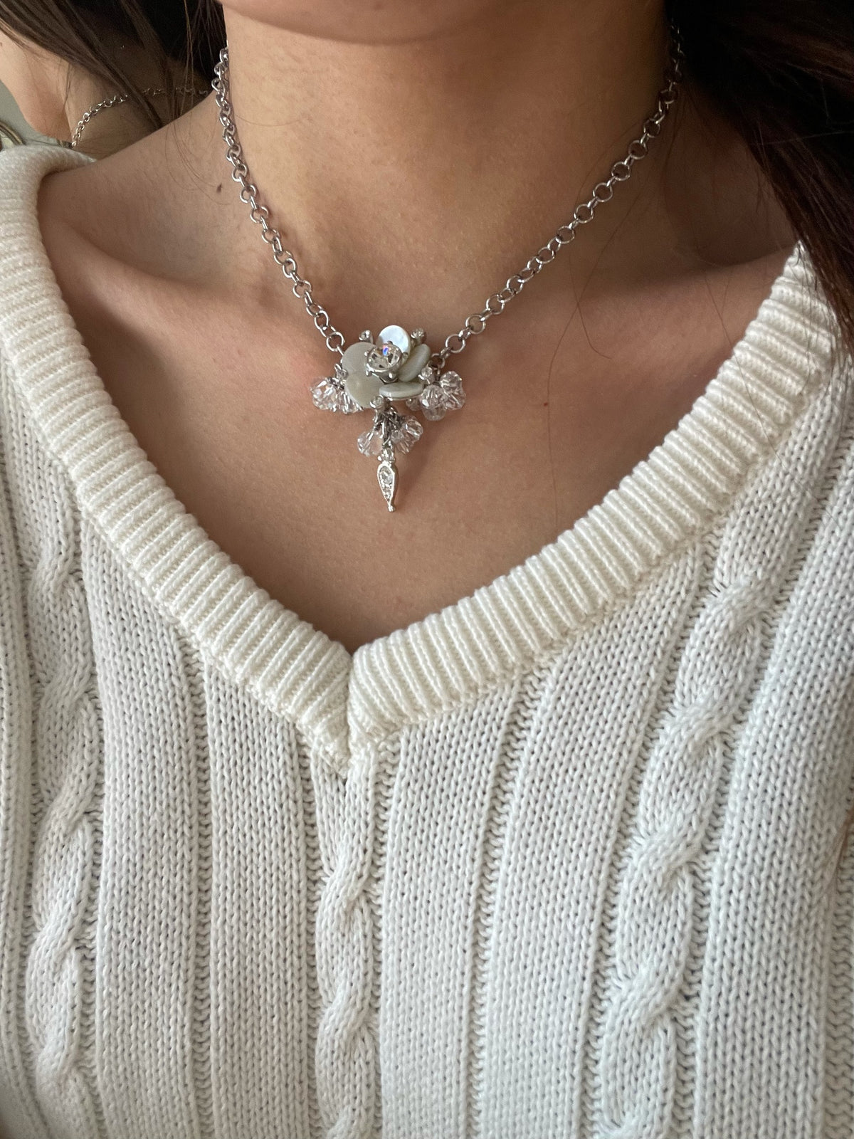 Dior silver-tone chain necklace with pearlescent flower pendant and crystal bead clusters