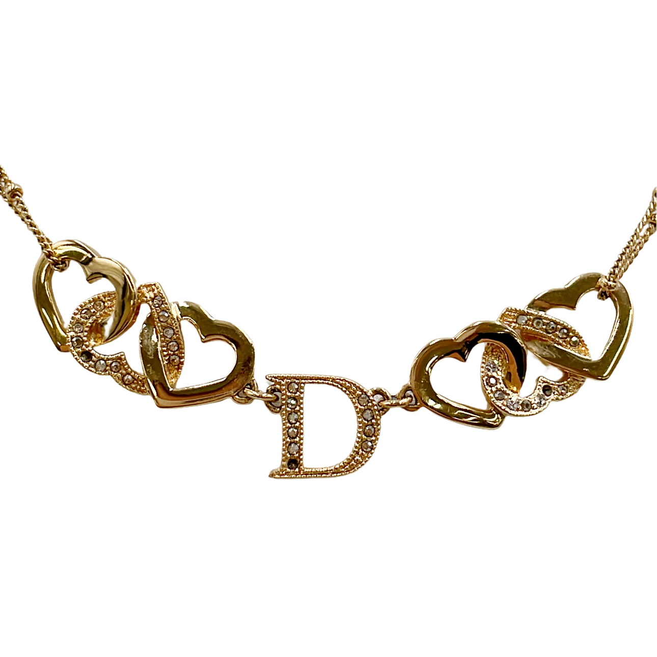 Dior Vintage Gold-Tone Crystal Heart & “D” Logo Necklace