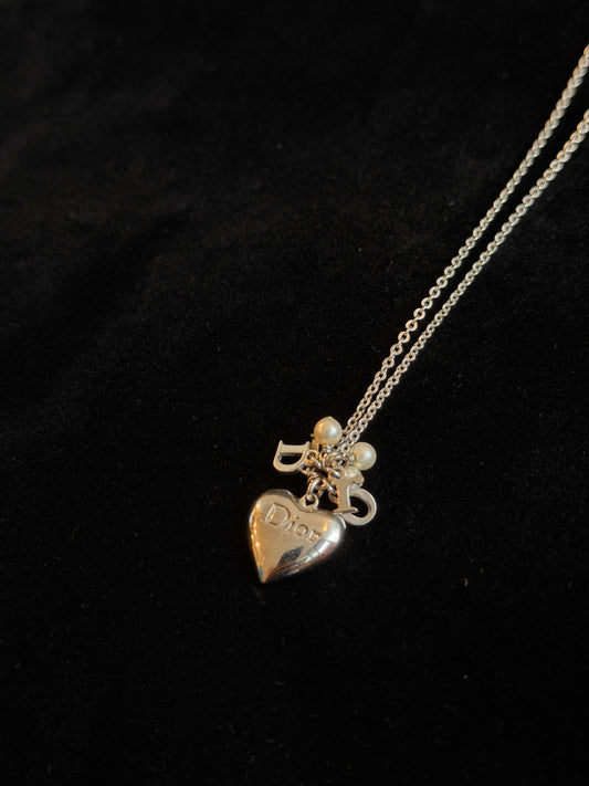 Dior 2000s Pearl Charm Heart Logo Necklace