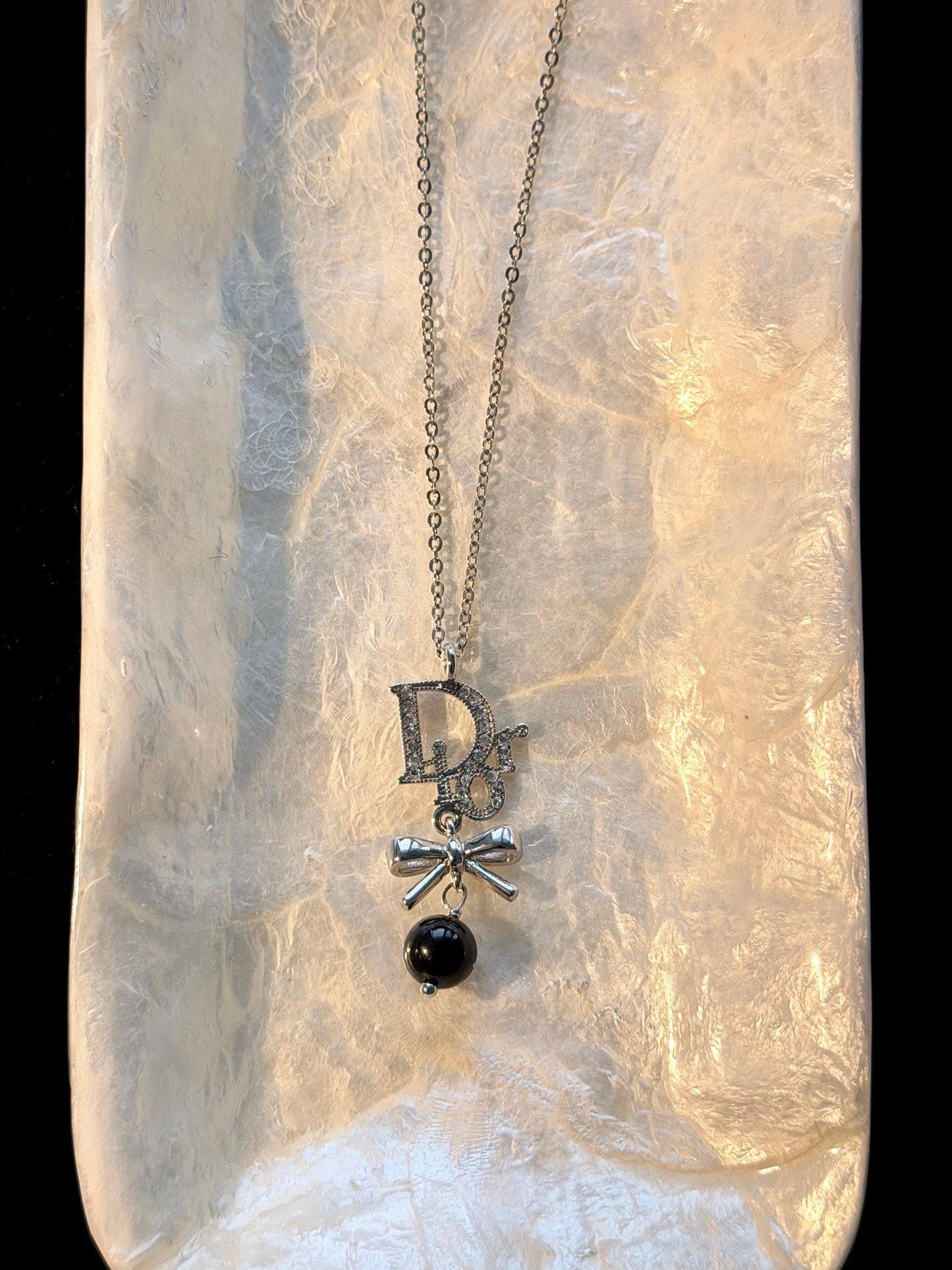 Dior 2000s "Ribbon Noir" Crystal Logo Bow & Bead Drop Necklace