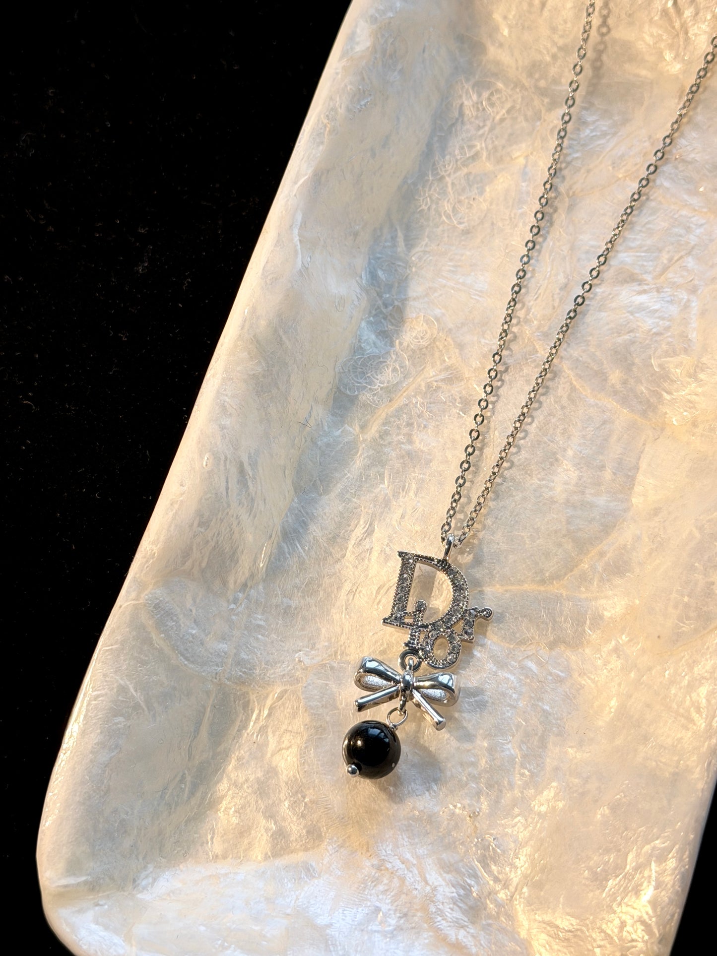Dior 2000s "Ribbon Noir" Crystal Logo Bow & Bead Drop Necklace
