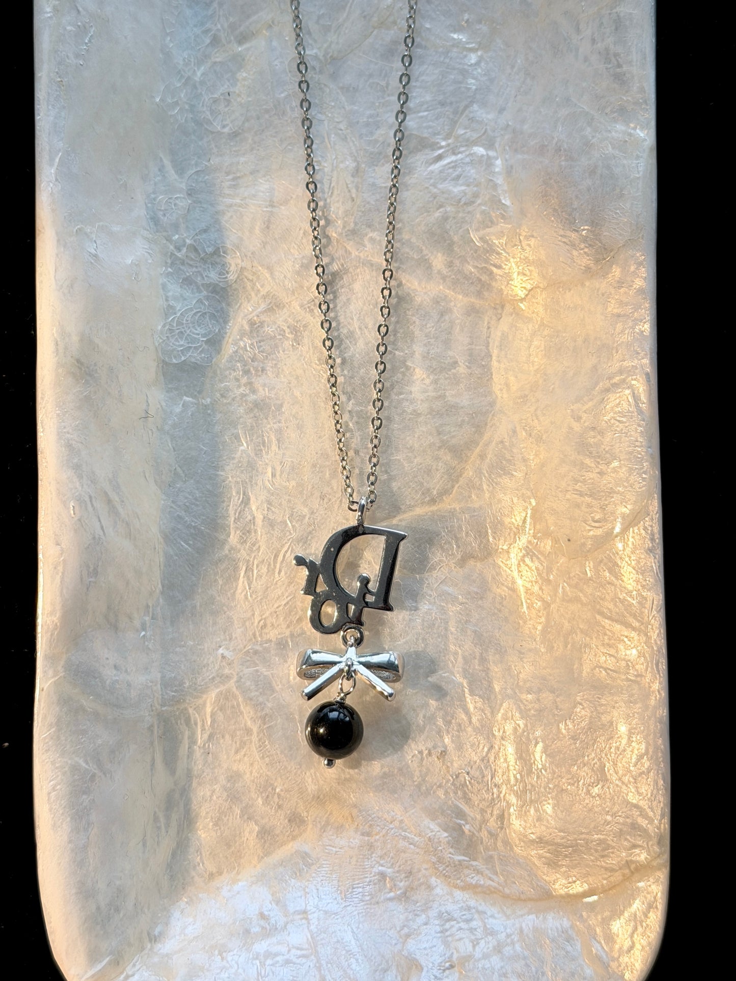 Dior 2000s "Ribbon Noir" Crystal Logo Bow & Bead Drop Necklace