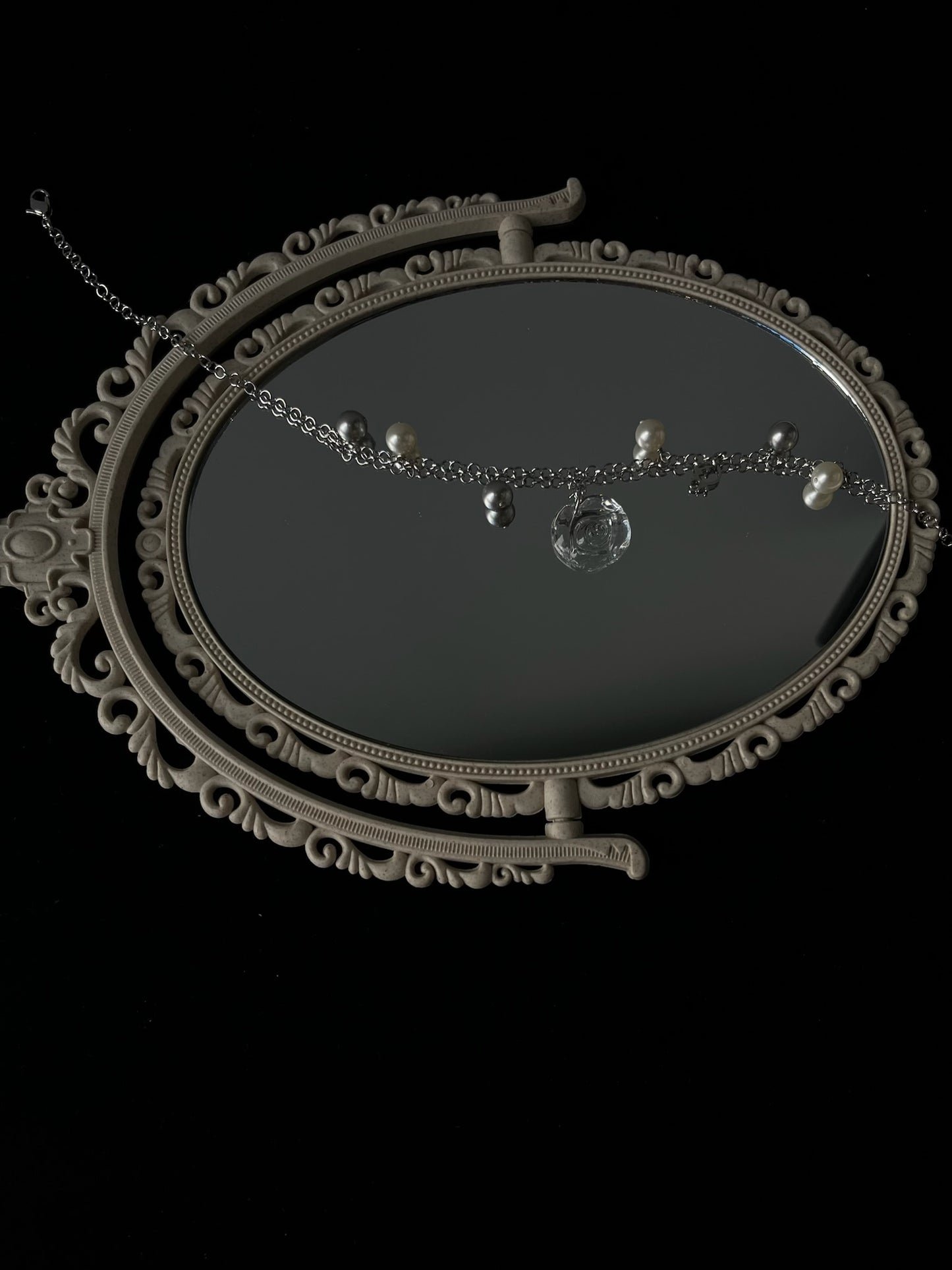 Dior Vintage Glass Rose & Pearl Charm Necklace (Silver Tone)