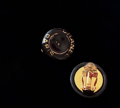 Chanel Vintage Black Resin Clip-On Earrings with Gold “CHANEL PARIS” Lettering