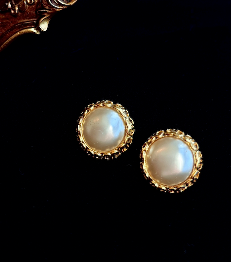 Chanel Vintage Round Clip-On Earrings with Faux Pearl Center and Gold Filigree Frame