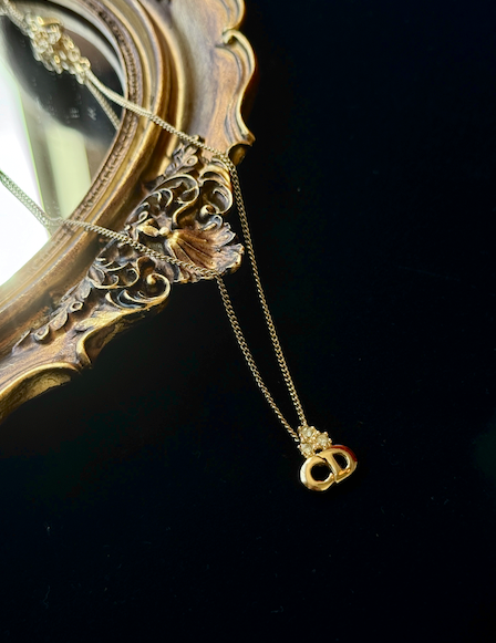 Dior Vintage Gold-Tone CD Logo Necklace with Crystal Accent