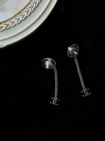 Chanel 2000s Silver Chain Drop CC Earrings