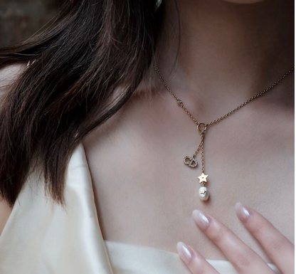 Dior 2010s Asymmetrical Star & Pearl CD Drop Necklace