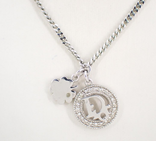 Dior Vintage Crystal Logo Pendant Necklace with Clover Charm