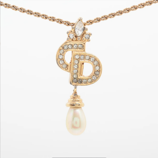 Dior Vintage Crown Logo Pearl Drop Necklace