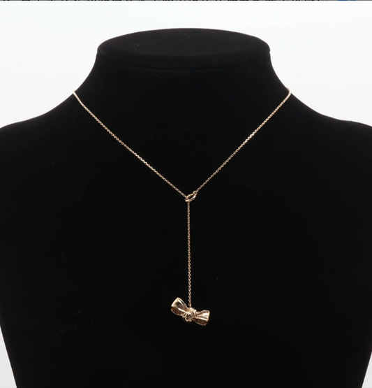 Dior Gold Bow Pendant Necklace with Pink Logo Charm
