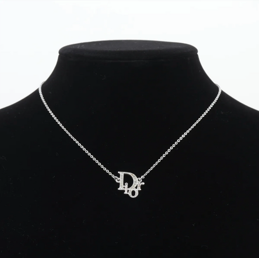 Dior Vintage Silver Logo Necklace with Crystal Detailing