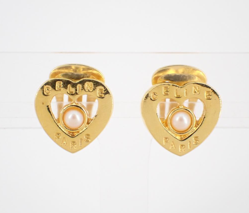Celine Vintage Heart Pearl Ear Clips