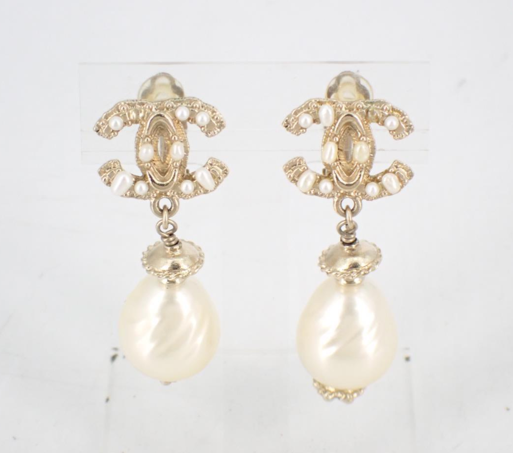 Chanel Vintage Pearl Drop CC Ear Clips
