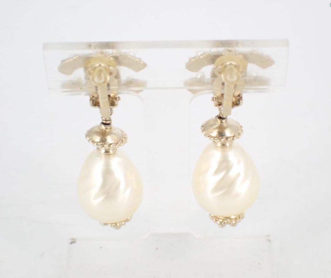 Chanel Vintage Pearl Drop CC Ear Clips