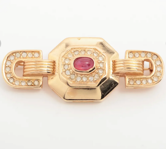 1980s Dior Vintage Gold-Tone Crystal & Ruby Cabochon Brooch