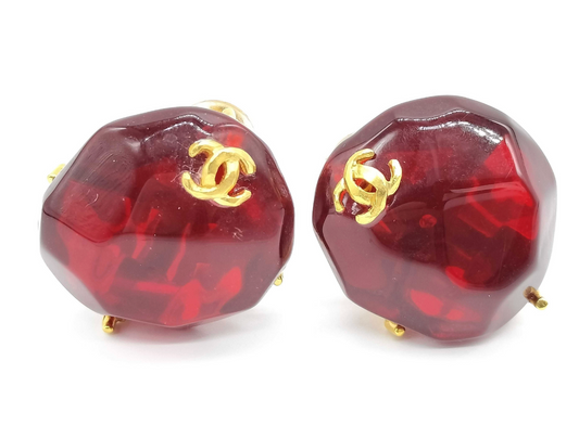 Chanel 1999 Vintage Ruby Resin & Plated Gold CC Clip-On Earrings