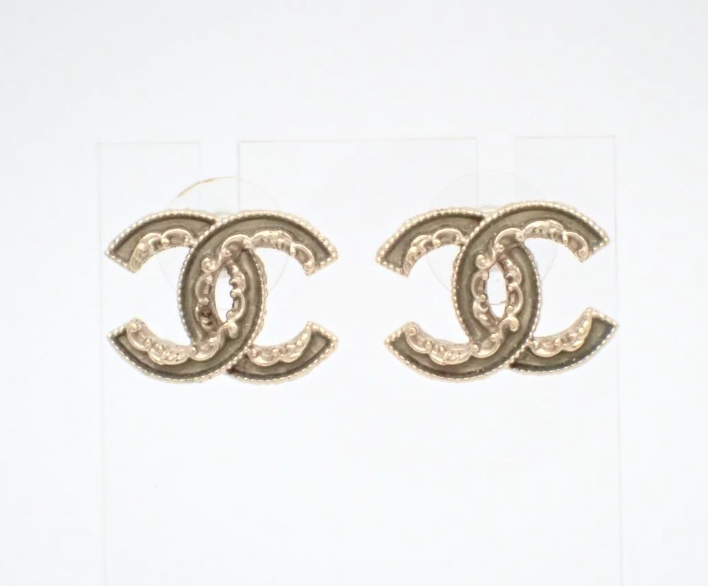 Chanel 2013 Dark Green Golden CC Logo Stud Earrings