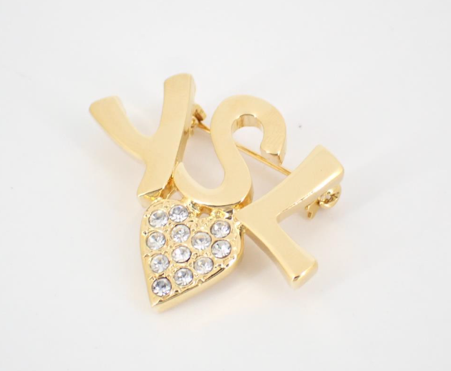 YSL Vintage Gold Logo & Crystal Heart Brooch