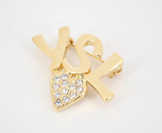 YSL Vintage Gold Logo & Crystal Heart Brooch