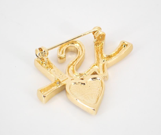 YSL Vintage Gold Logo & Crystal Heart Brooch