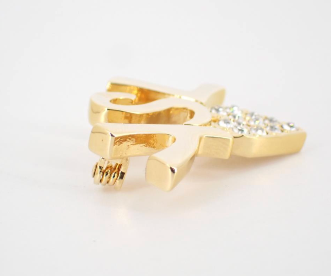 YSL Vintage Gold Logo & Crystal Heart Brooch