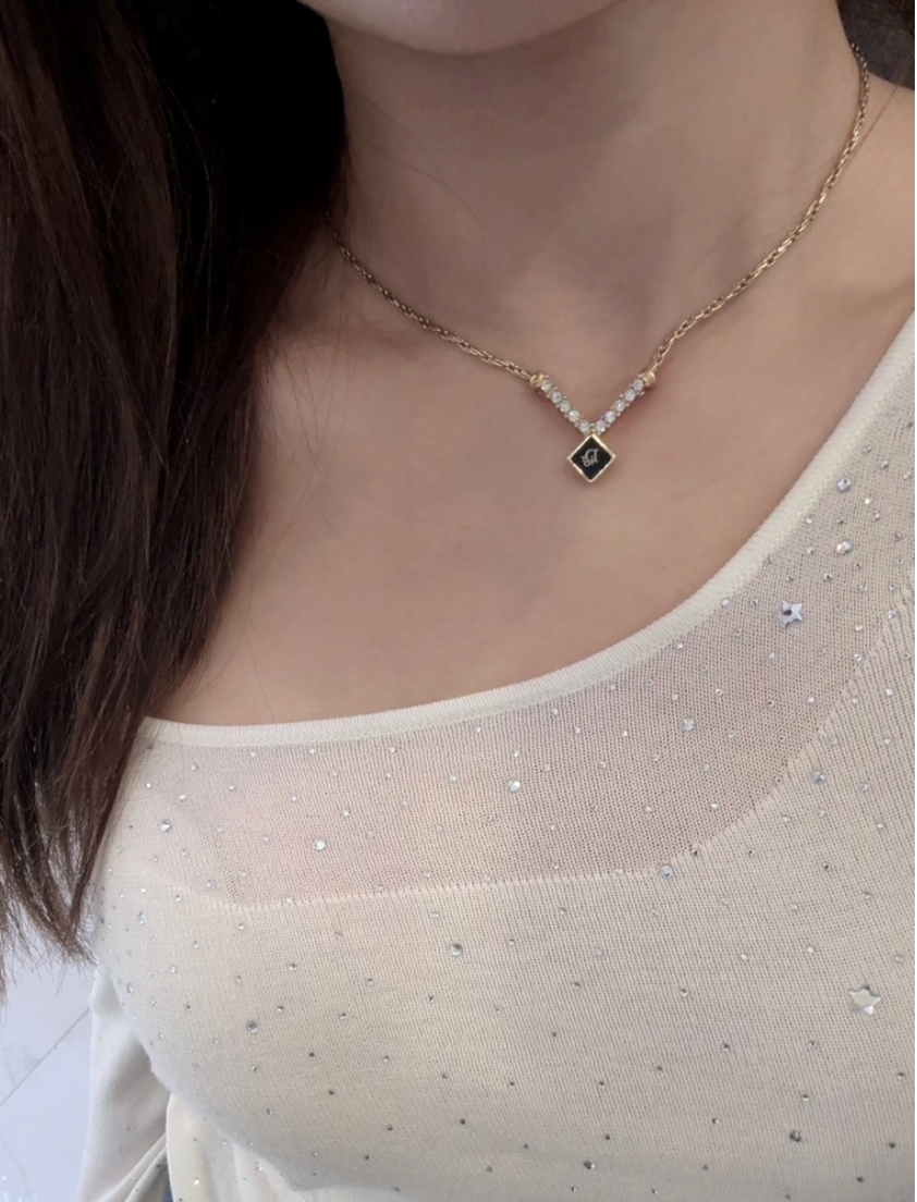 Dior Vintage Crystal V Pendant Necklace (Gold Tone)